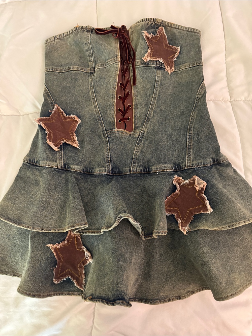 Windsor Blue Denim Lace-Up Star Appliqué Mini Dress
